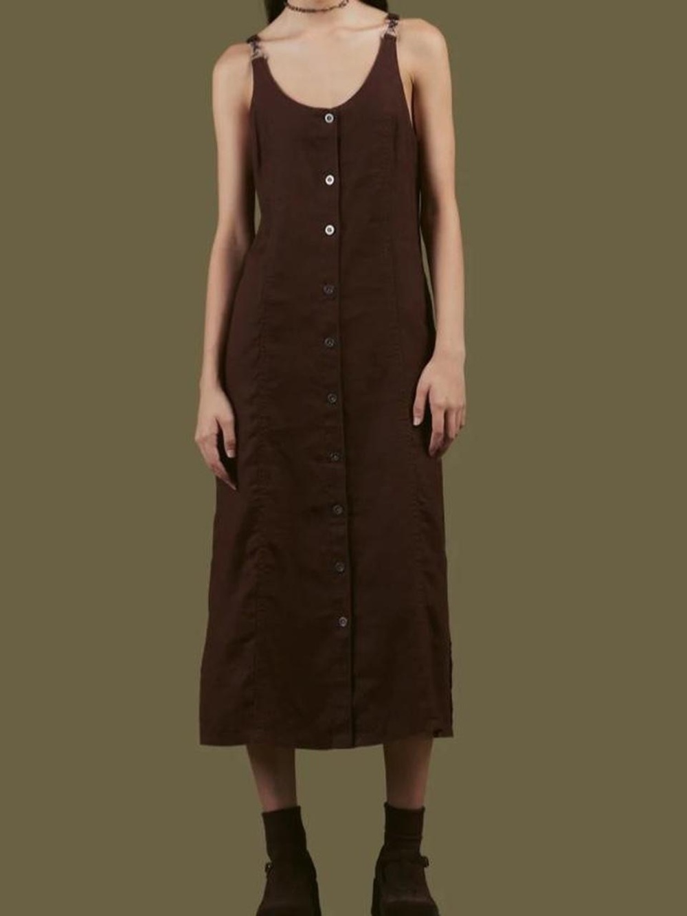 UNIF Kit Brown Button-Front Linen Maxi Dress